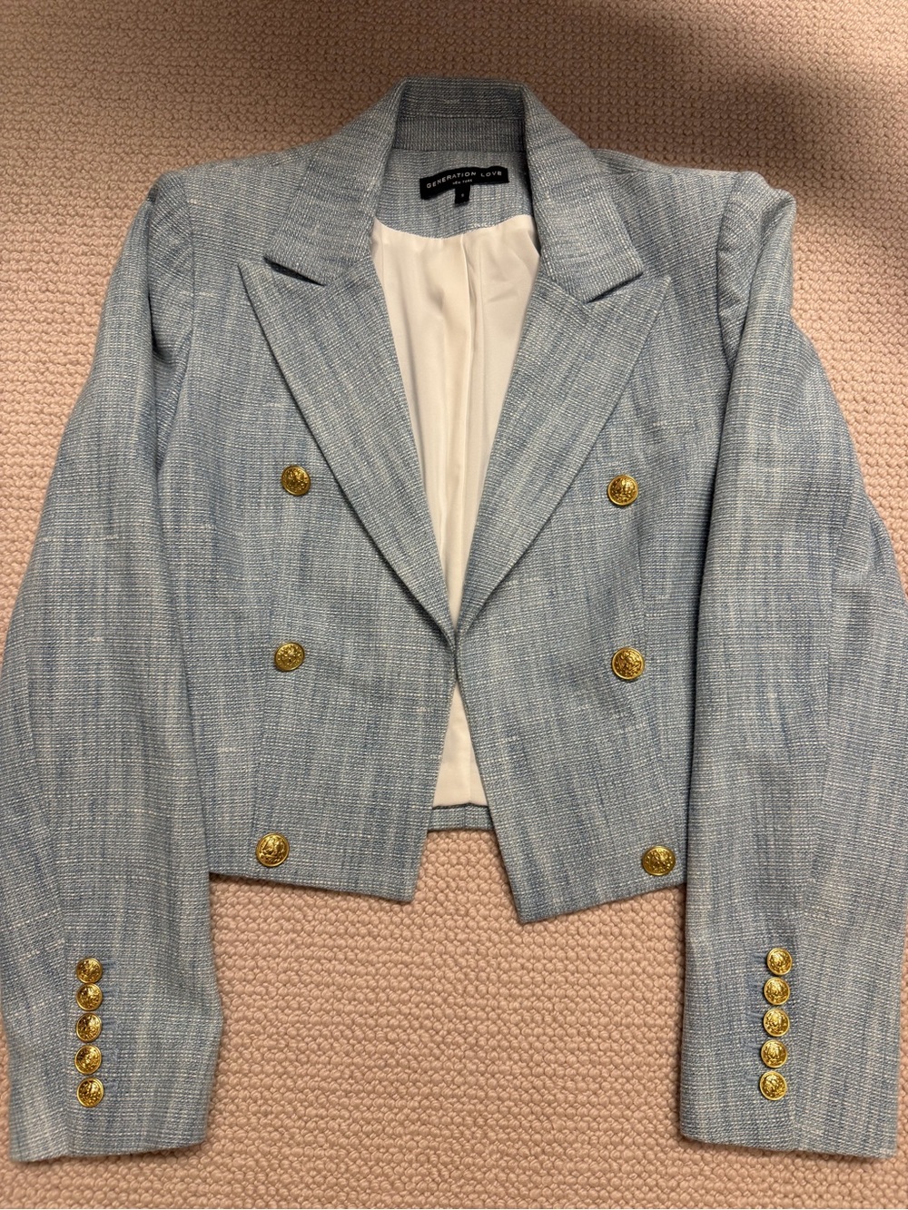 Generation Love Pale Blue Cropped Double-Breasted Blazer with Gold Buttons